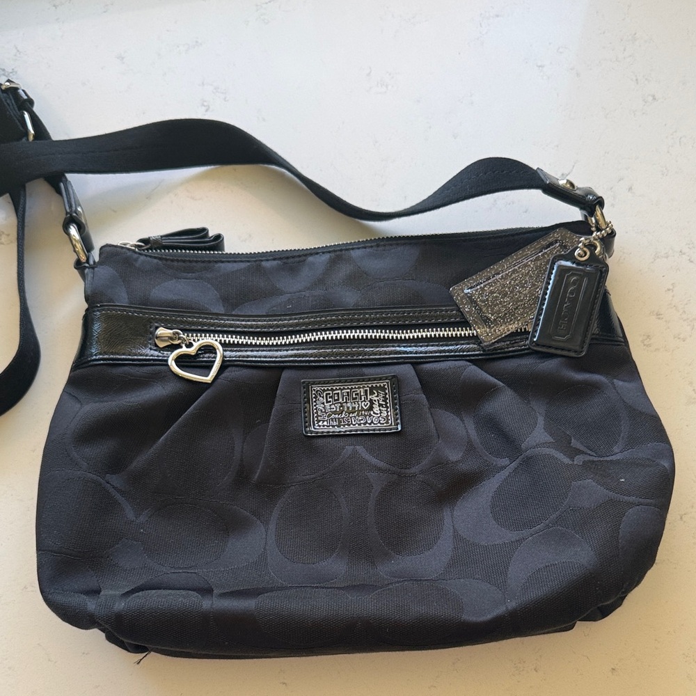 Coach Black Signature Jacquard Crossbody with Heart Charm